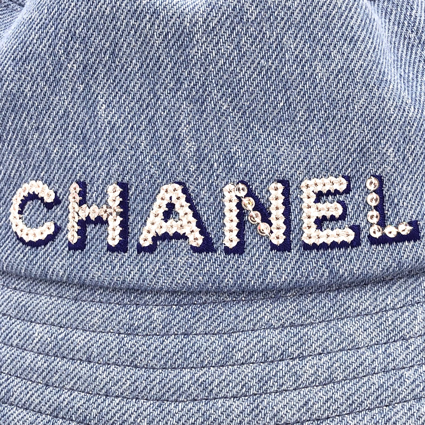 Chanel 2022 Light Blue Denim Bucket Hat with Crystal Logo