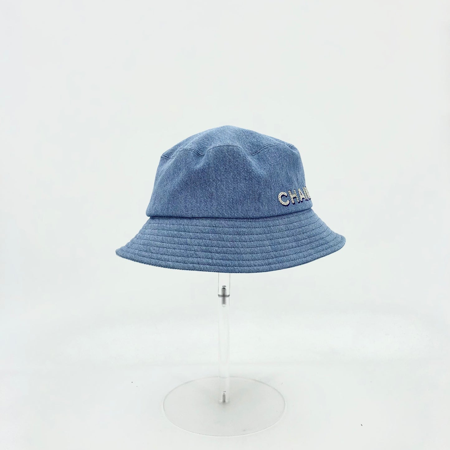 Chanel 2022 Light Blue Denim Bucket Hat with Crystal Logo
