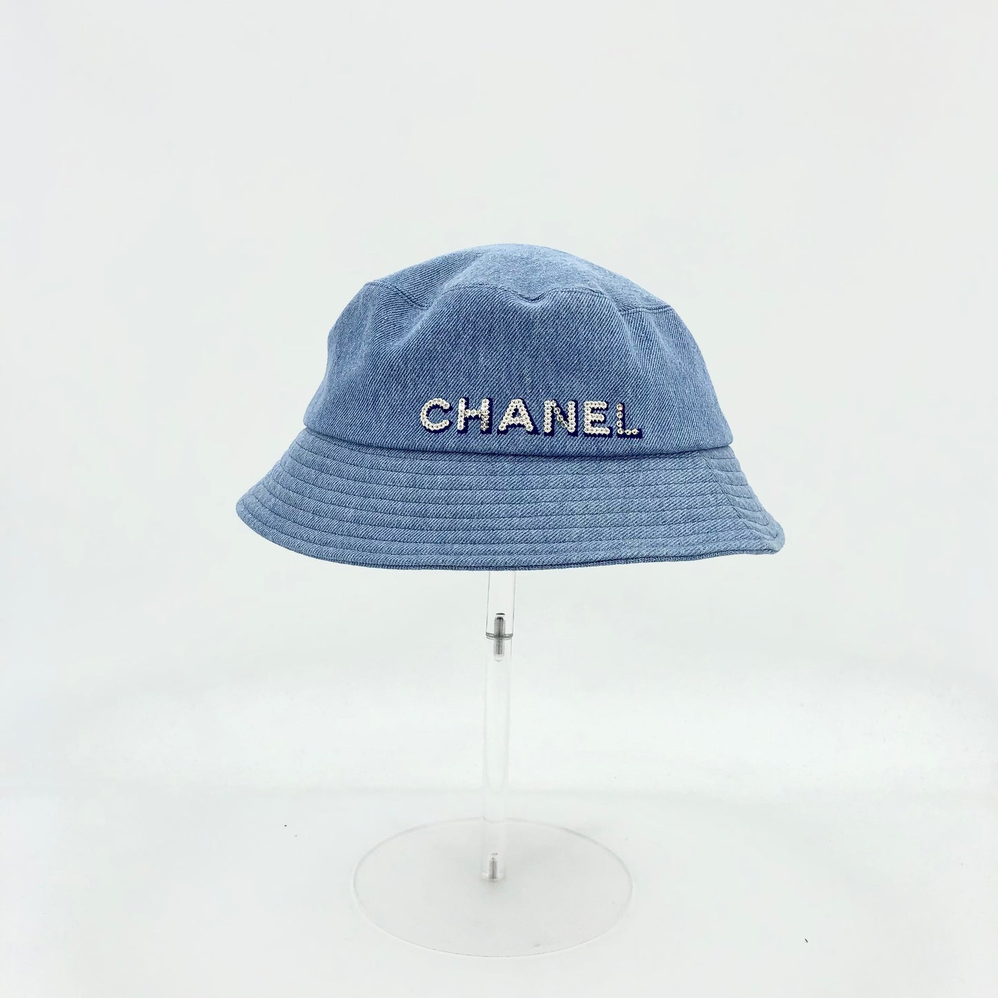 Chanel 2022 Light Blue Denim Bucket Hat with Crystal Logo