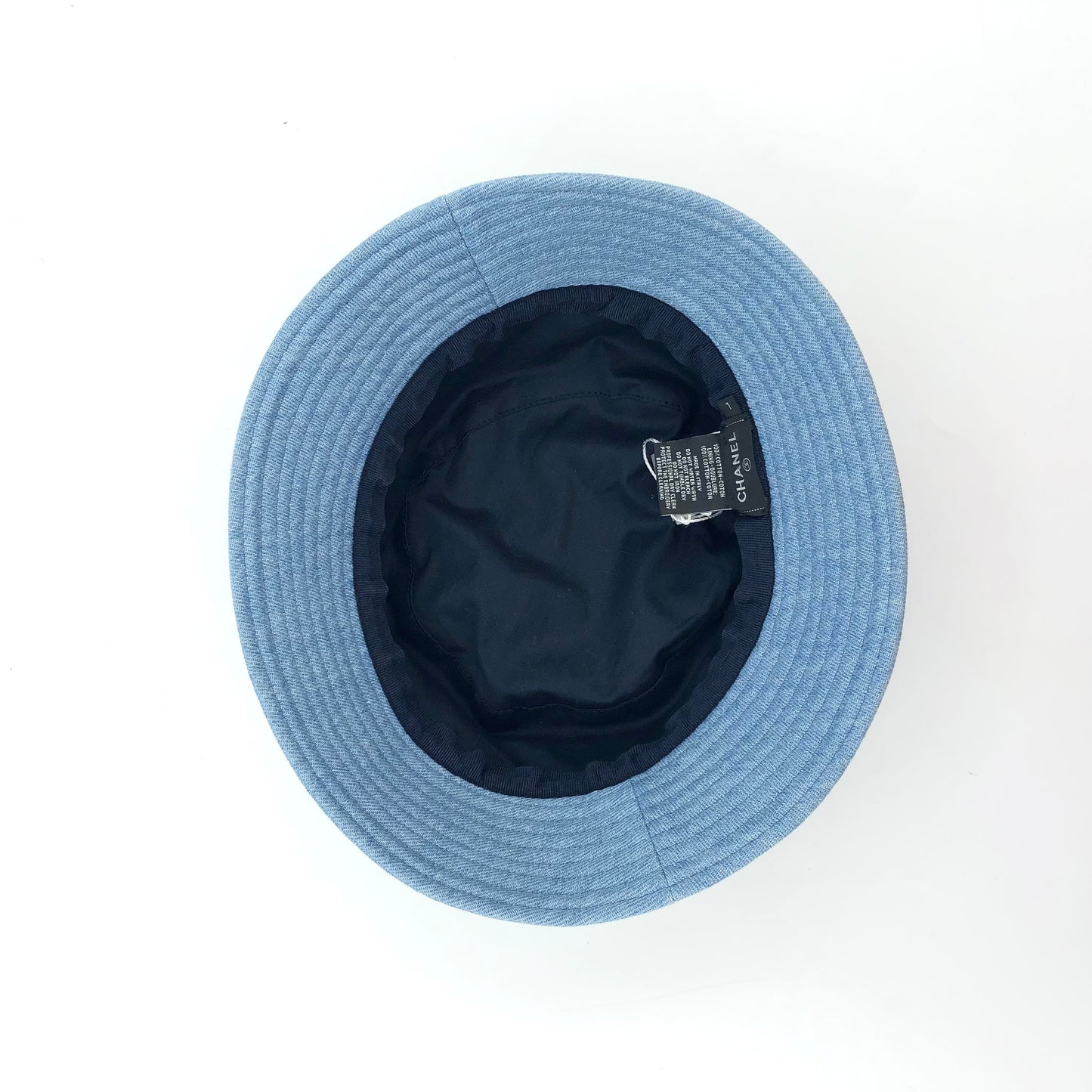 Chanel 2022 Light Blue Denim Bucket Hat with Crystal Logo