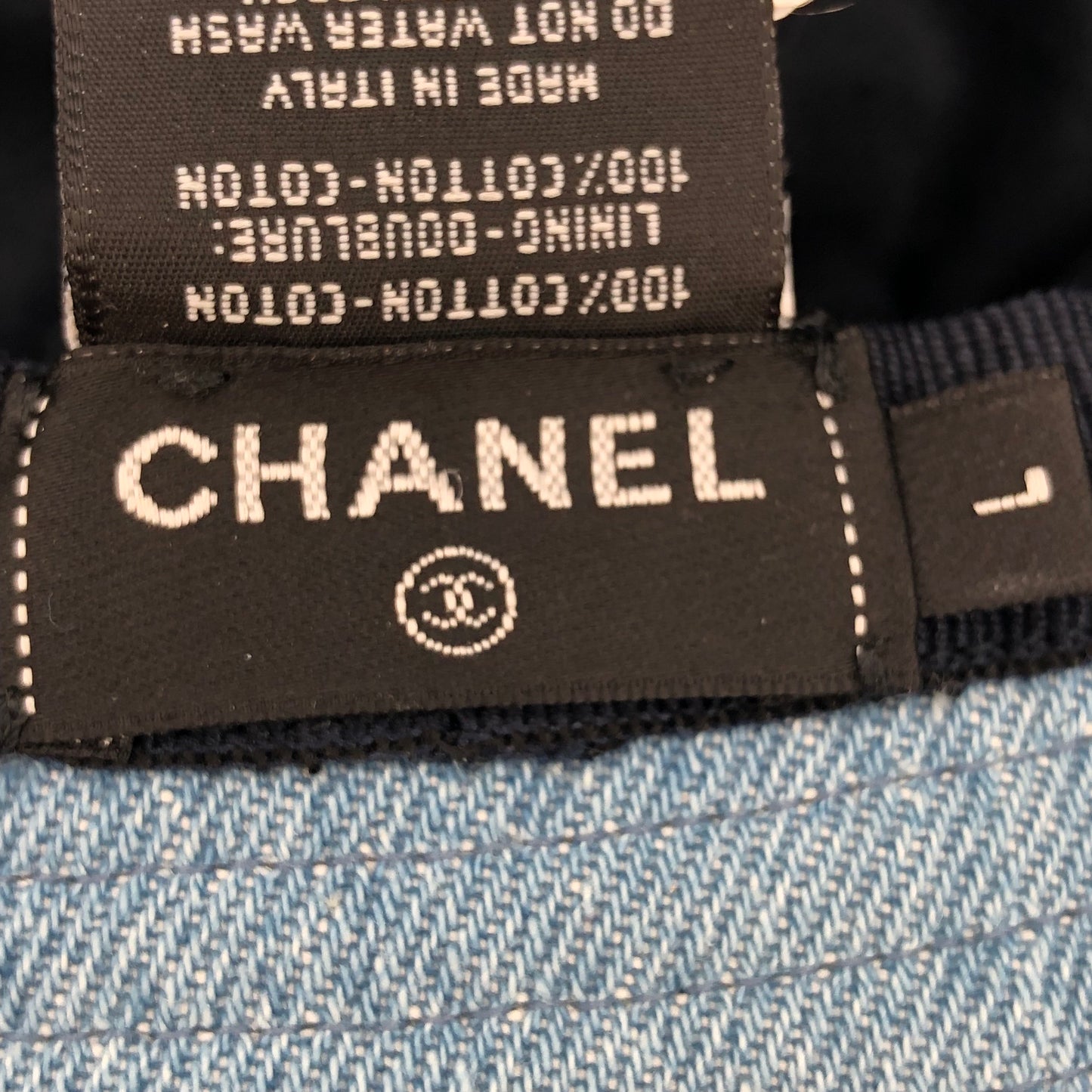 Chanel 2022 Light Blue Denim Bucket Hat with Crystal Logo