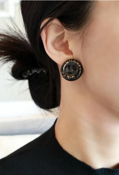 Chanel Vintage Black Resin Clip-On Earrings with Gold “CHANEL PARIS” Lettering