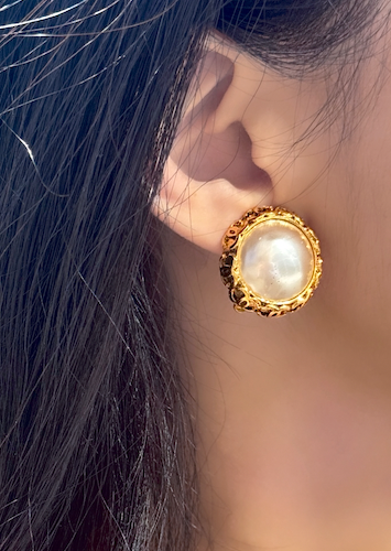 Chanel Vintage Round Clip-On Earrings with Faux Pearl Center and Gold Filigree Frame