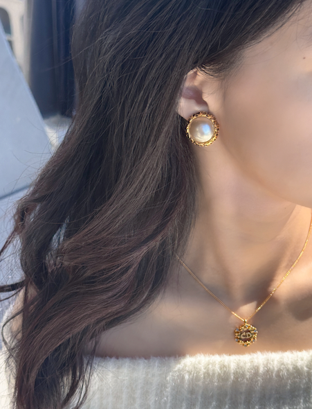 Chanel Vintage Round Clip-On Earrings with Faux Pearl Center and Gold Filigree Frame