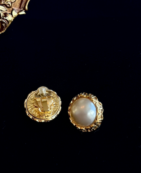 Chanel Vintage Round Clip-On Earrings with Faux Pearl Center and Gold Filigree Frame