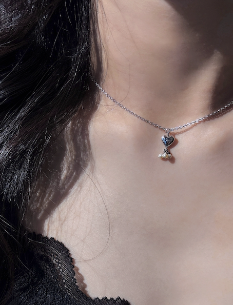 Dior Vintage Silver Small Heart Necklace with Pearl Drop Charms