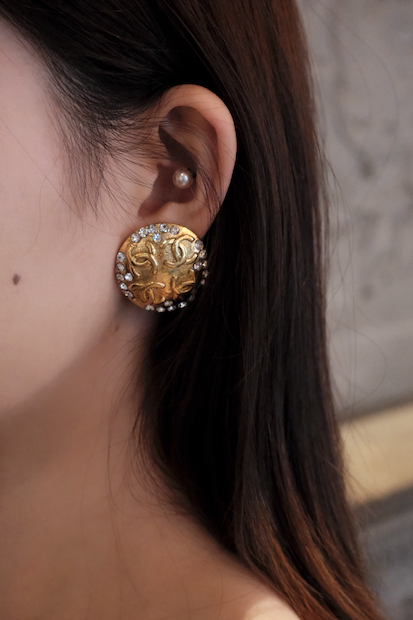 Chanel 1980s Gold CC Embossed Crystal Clip-On Earrings