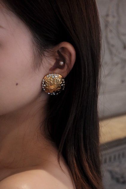 Chanel 1980s Gold CC Embossed Crystal Clip-On Earrings