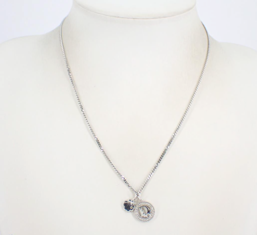 Dior Vintage Crystal Logo Pendant Necklace with Clover Charm