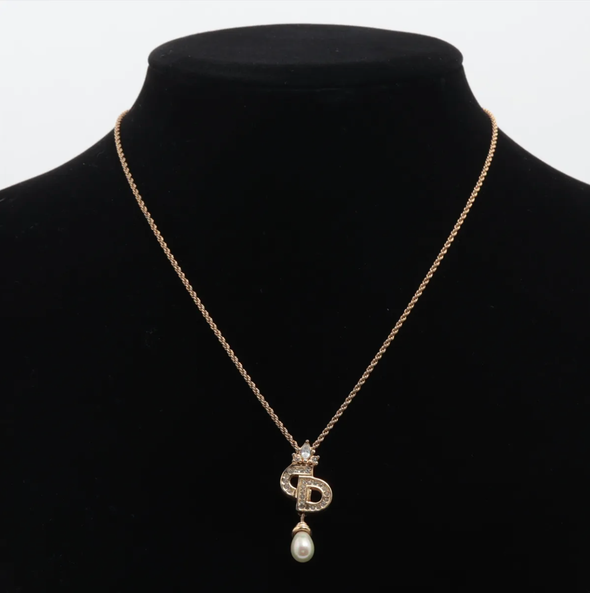 Dior Vintage Crown Logo Pearl Drop Necklace