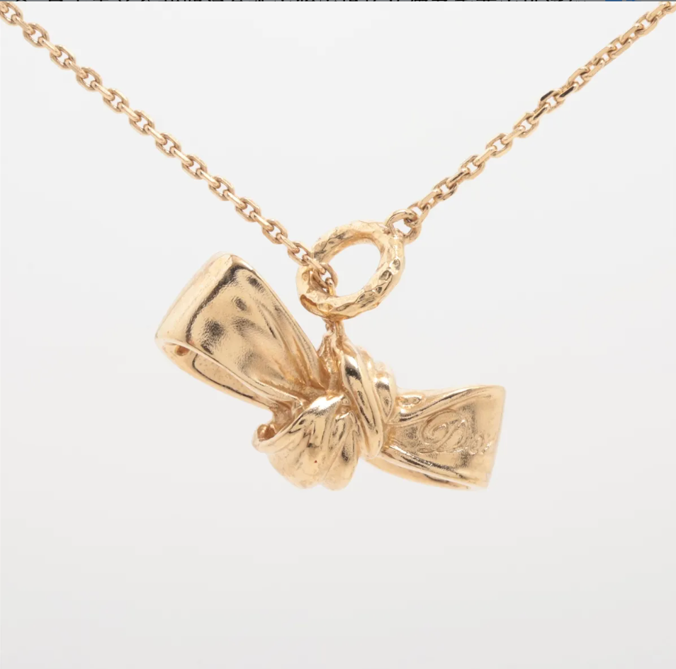 Dior Gold Bow Pendant Necklace with Pink Logo Charm
