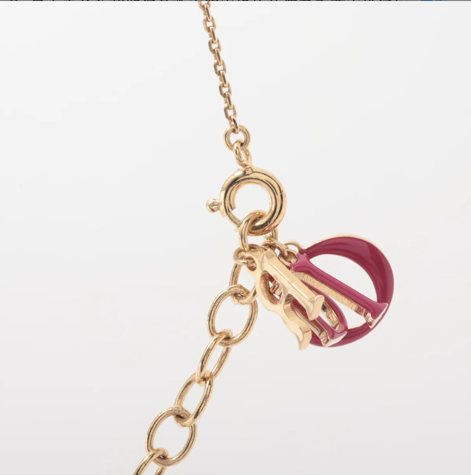 Dior Gold Bow Pendant Necklace with Pink Logo Charm