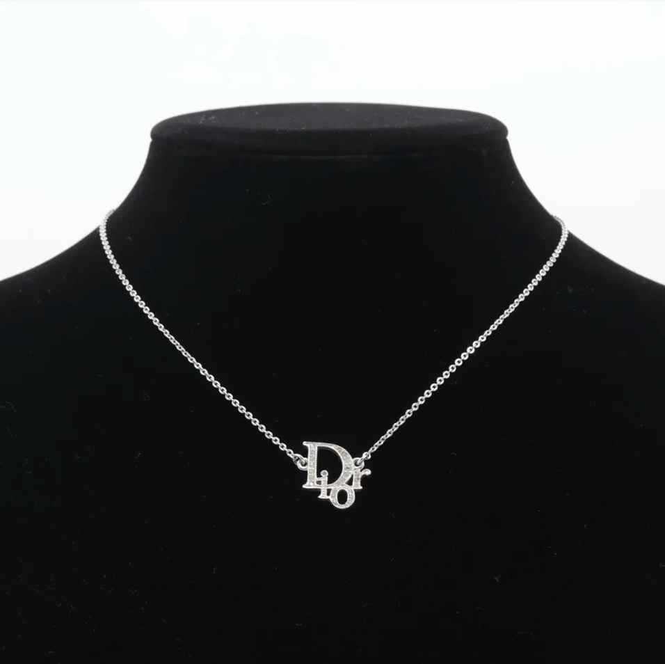 Dior Vintage Silver Logo Necklace with Crystal Detailing