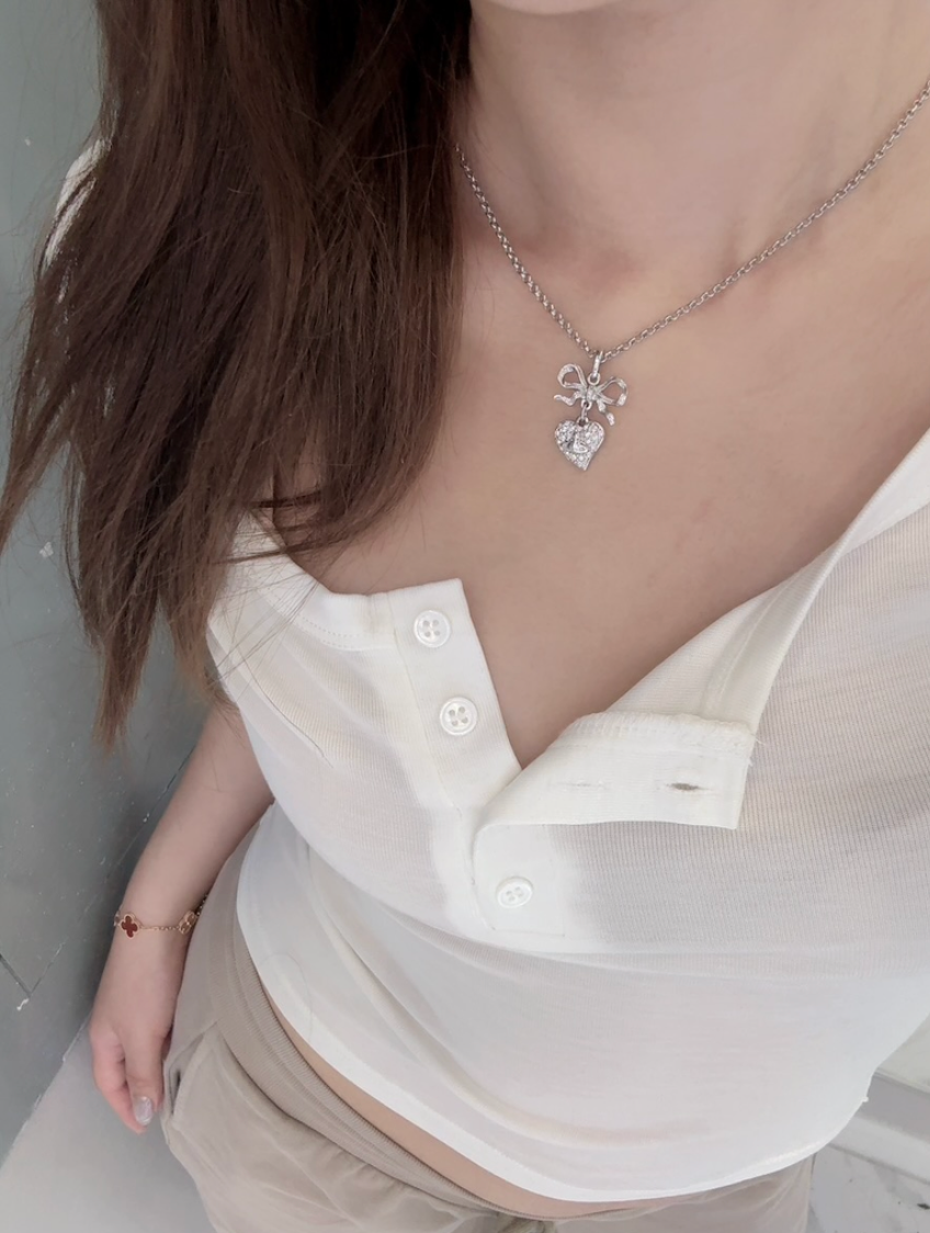 Vivienne Westwood Crystal Heart Bow Pendant Necklace (Silver Tone)