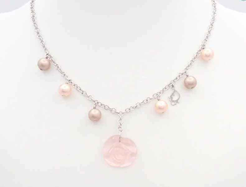 Vintage Dior Pink Rose Charm Necklace – Silver Tone