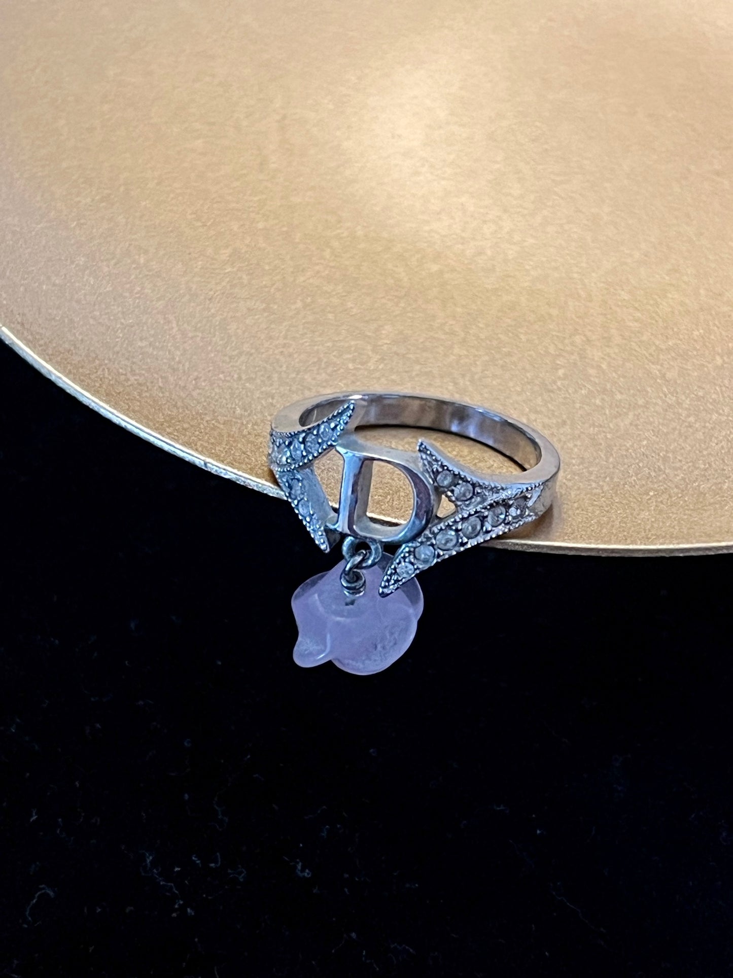 Vintage Dior Crystal Logo Ring with Pink Charm – Silver Tone