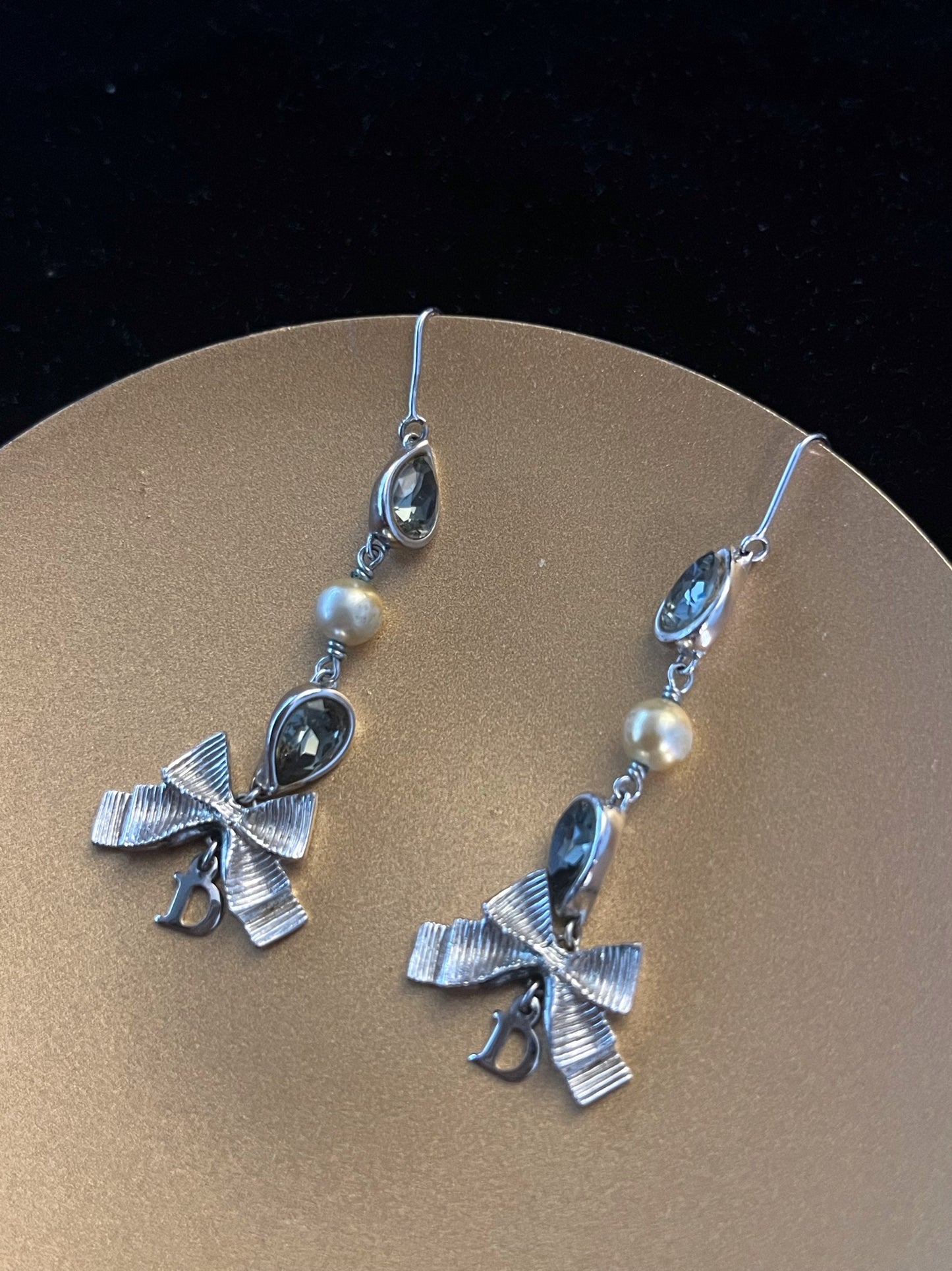 Vintage Dior Pearl Bow Drop Earrings – Silver Tone