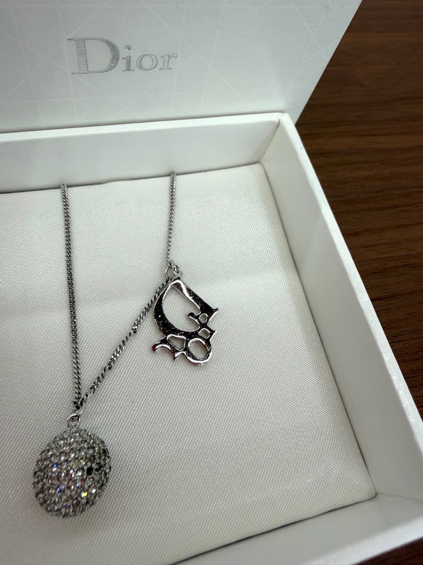 Vintage Dior Crystal Logo Ball Necklace – Silver Tone