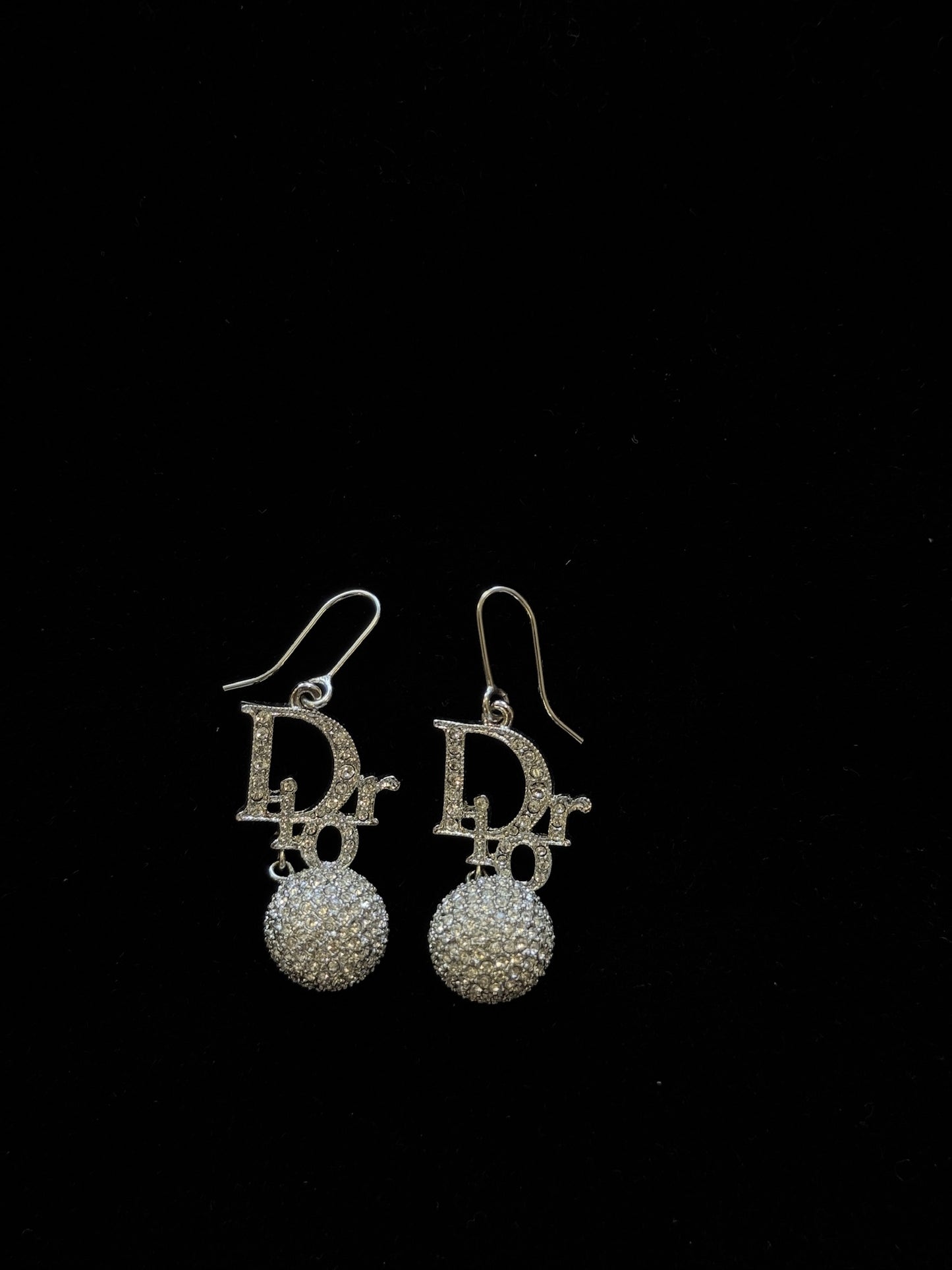 Vintage Dior Crystal Logo Ball Drop Earrings – Silver Tone