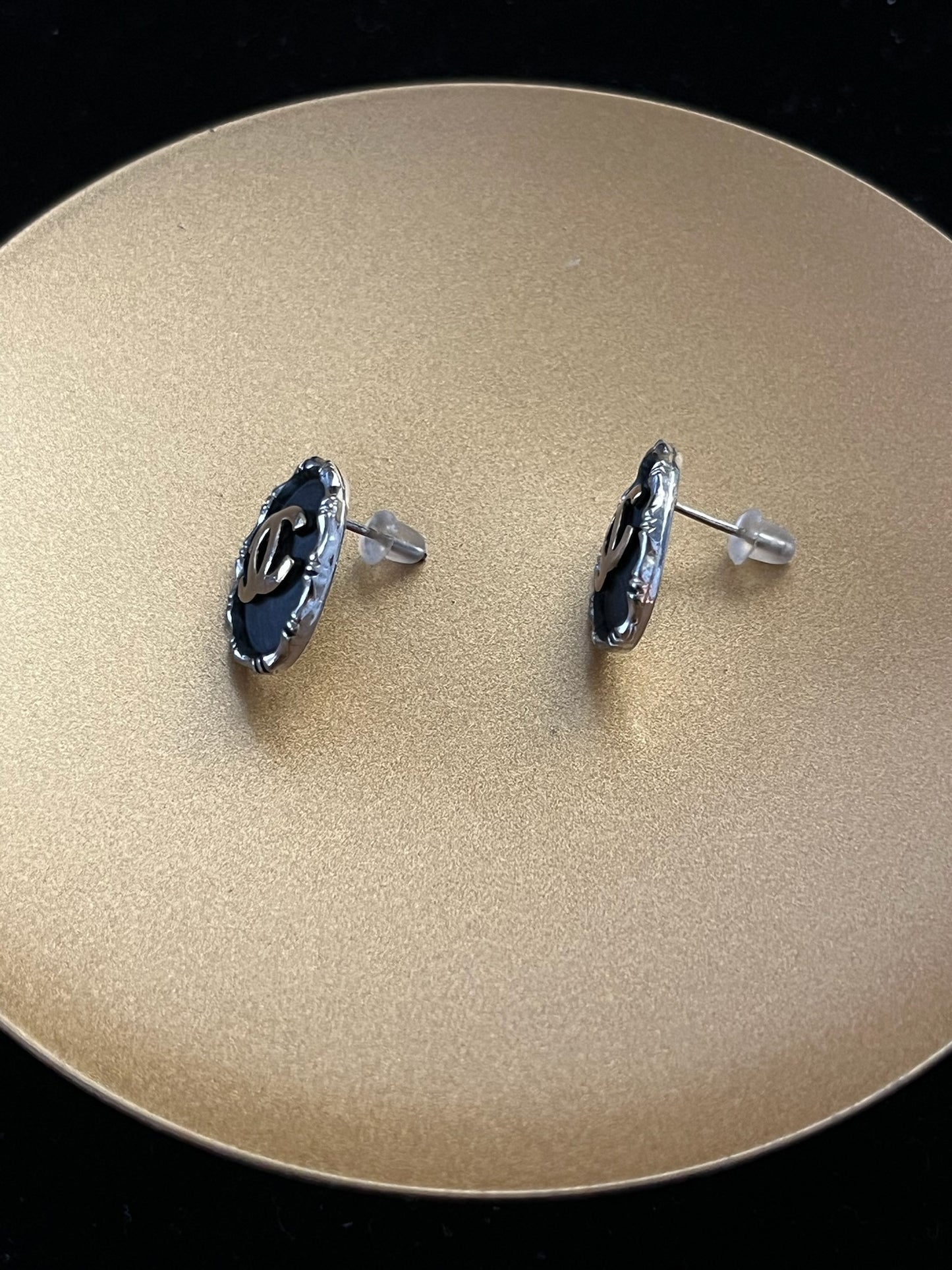 Chanel 1980s Black & Silver Shield Stud Earrings
