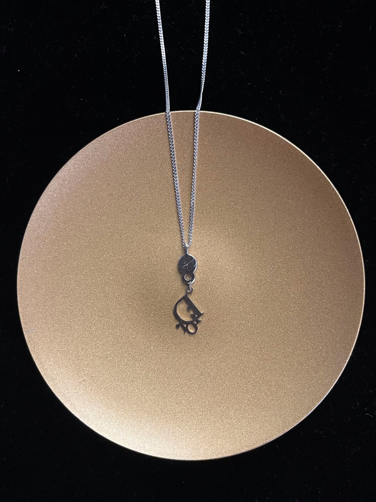 Vintage Dior Silver Logo Pendant Necklace with Pink Crystal Accent
