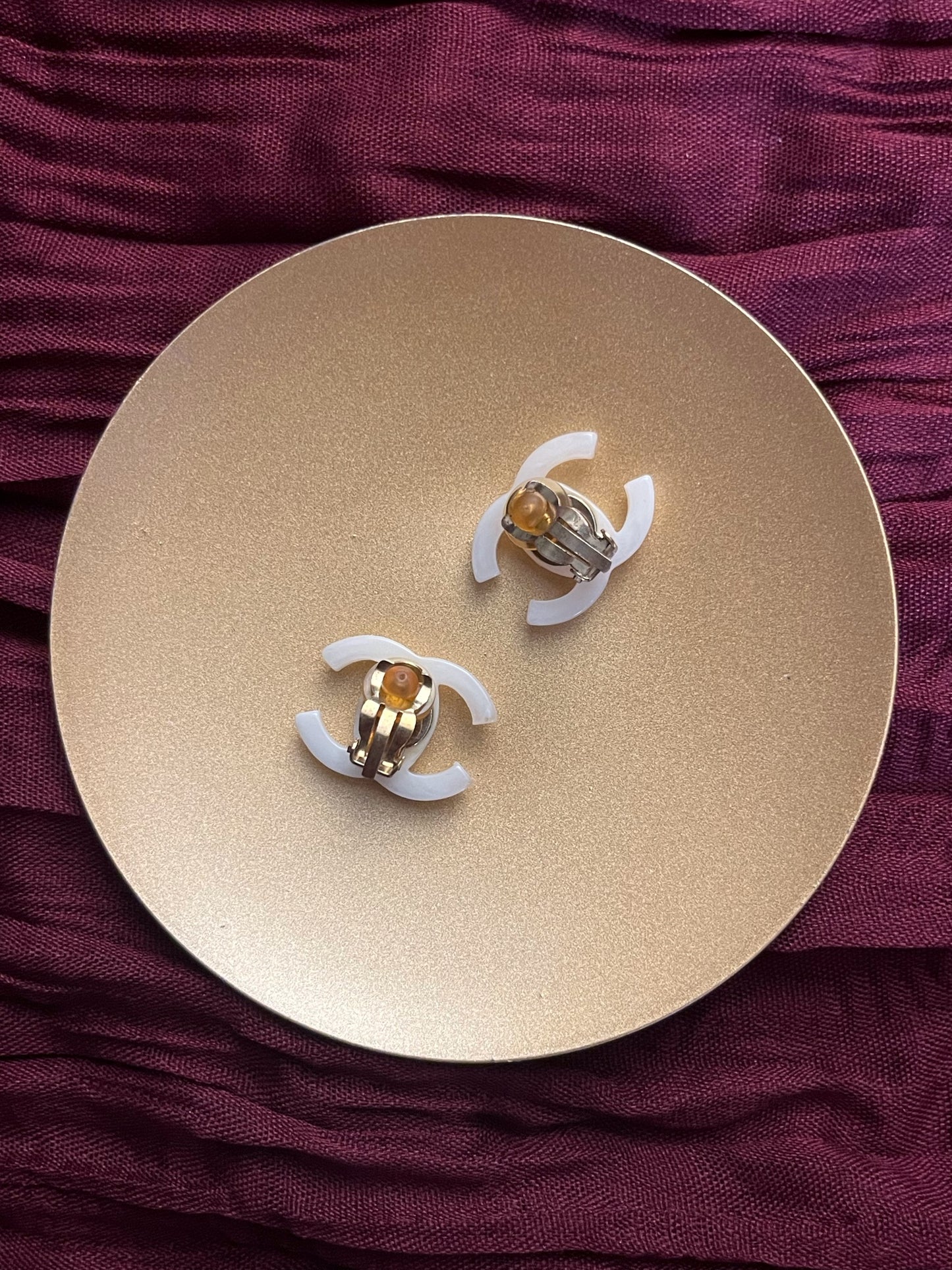 Chanel 2002 Milky White Faux Jade CC Clip-On Earrings