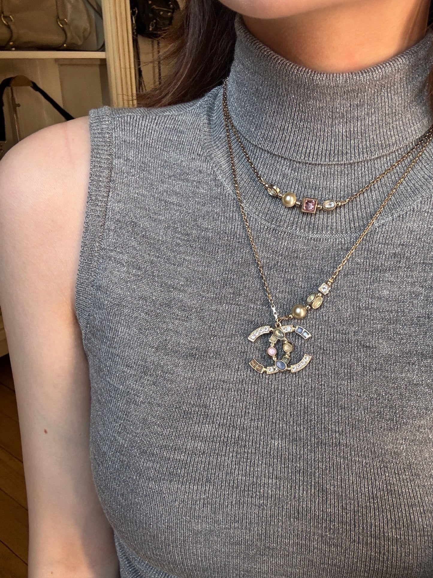 Chanel Pastel Crystal CC Pendant Necklace