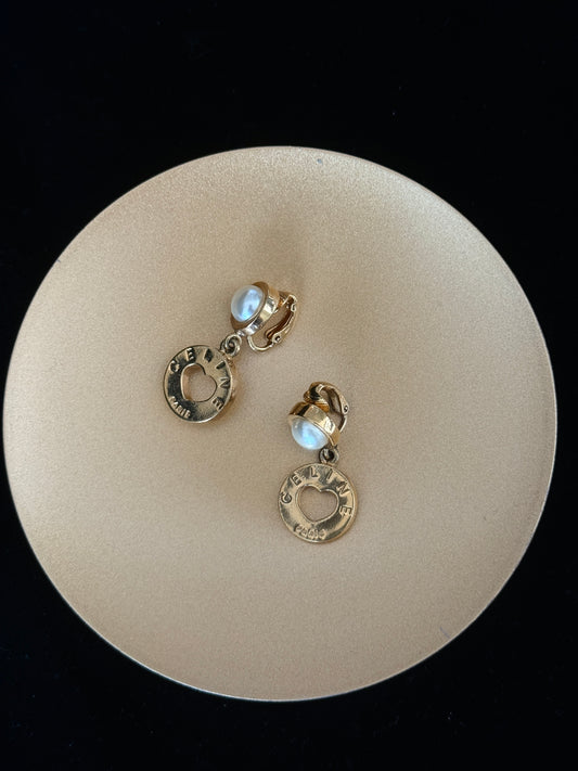 Celine Vintage Heart Charm Pearl Clip-On Earrings