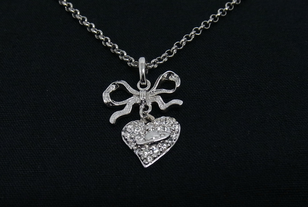 Vivienne Westwood Crystal Heart Bow Pendant Necklace (Silver Tone)