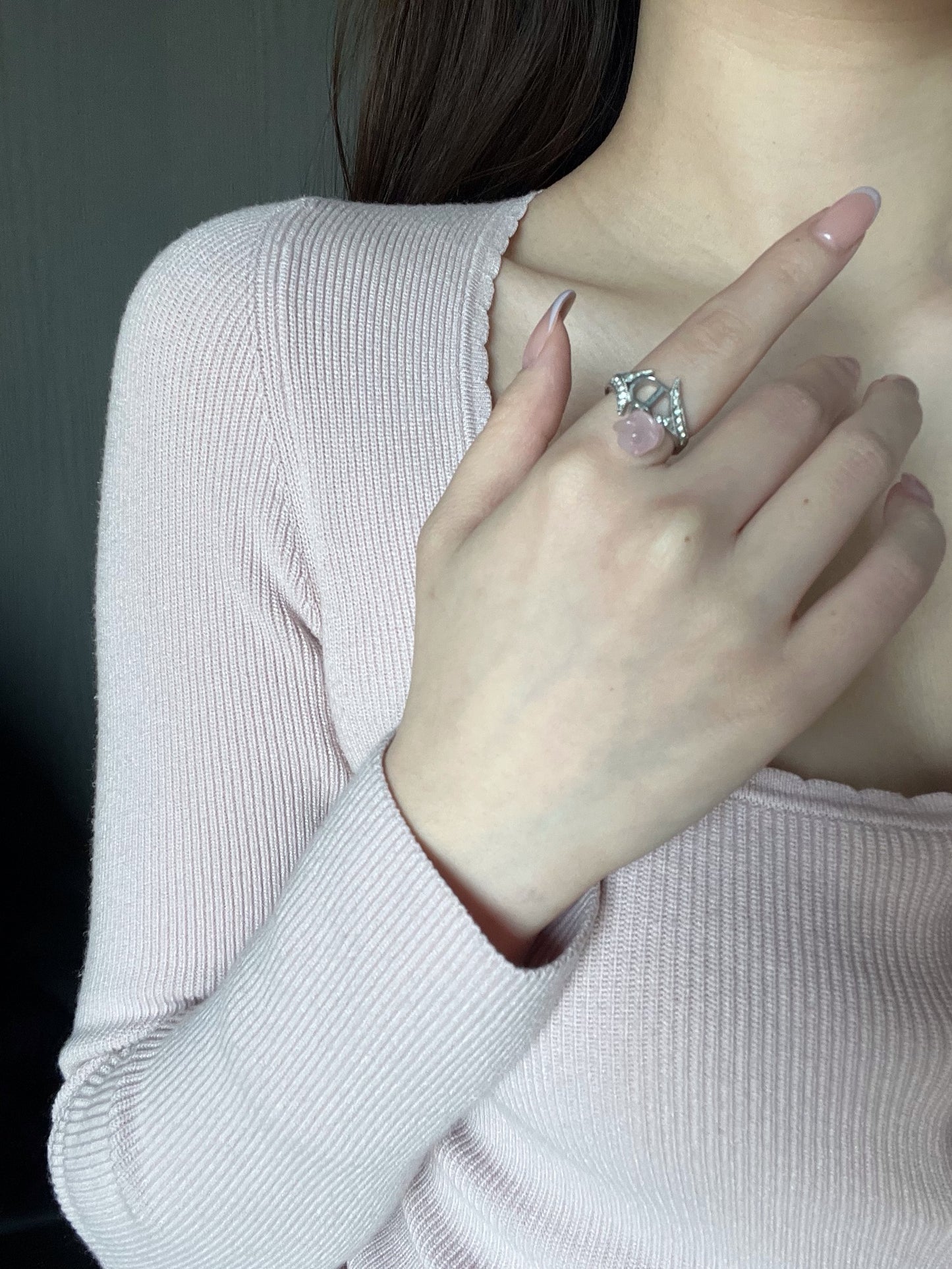 Vintage Dior Crystal Logo Ring with Pink Charm – Silver Tone