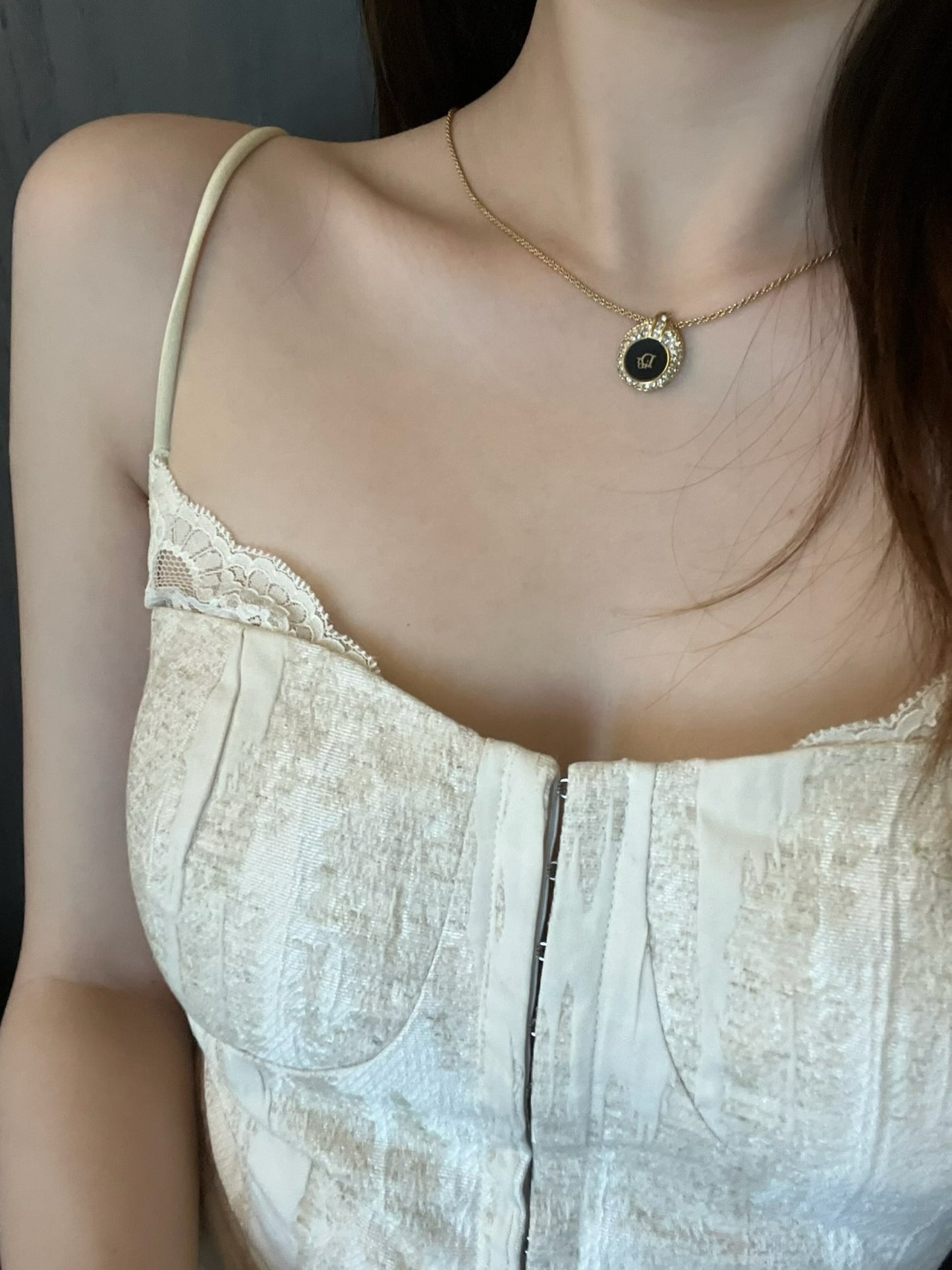 Dior Vintage Black & Gold Crystal-Edged Logo Necklace