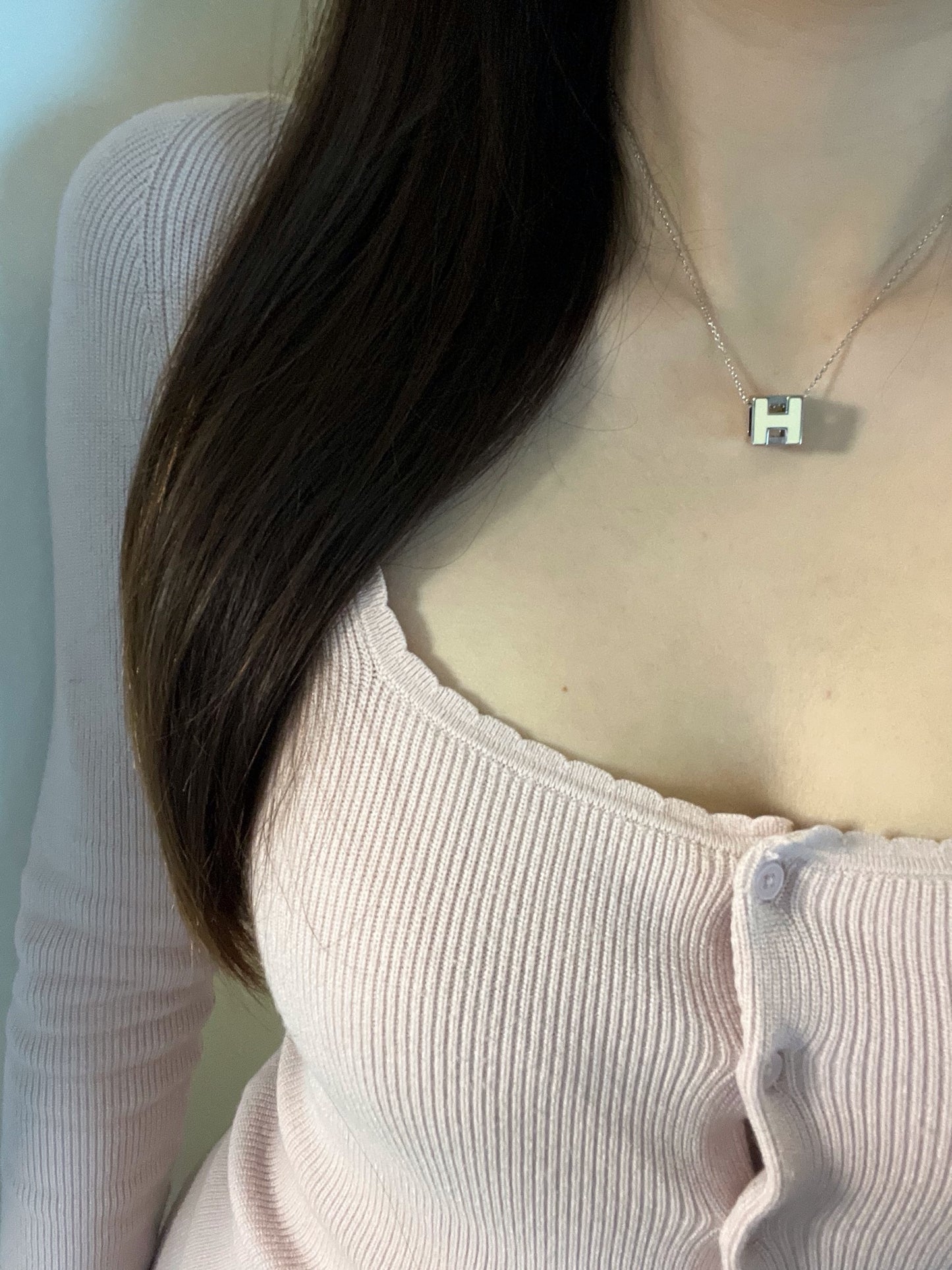 Hermès H Cube Pendant Necklace – White & Silver Tone