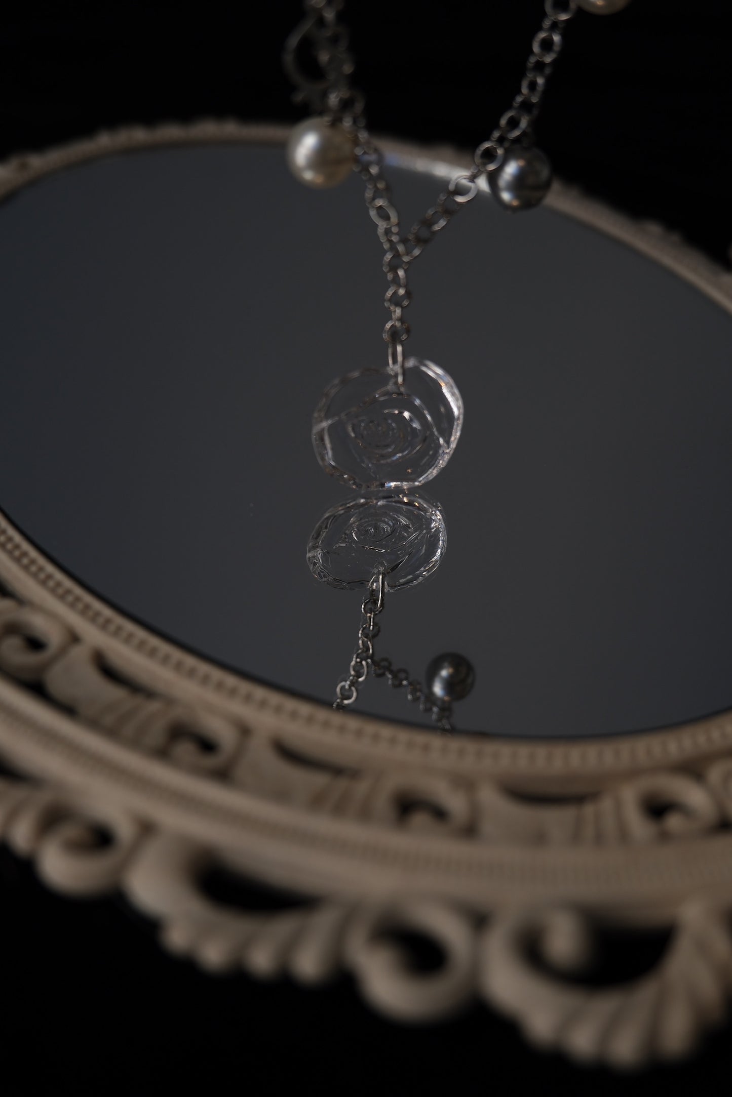 Dior Vintage Glass Rose & Pearl Charm Necklace (Silver Tone)