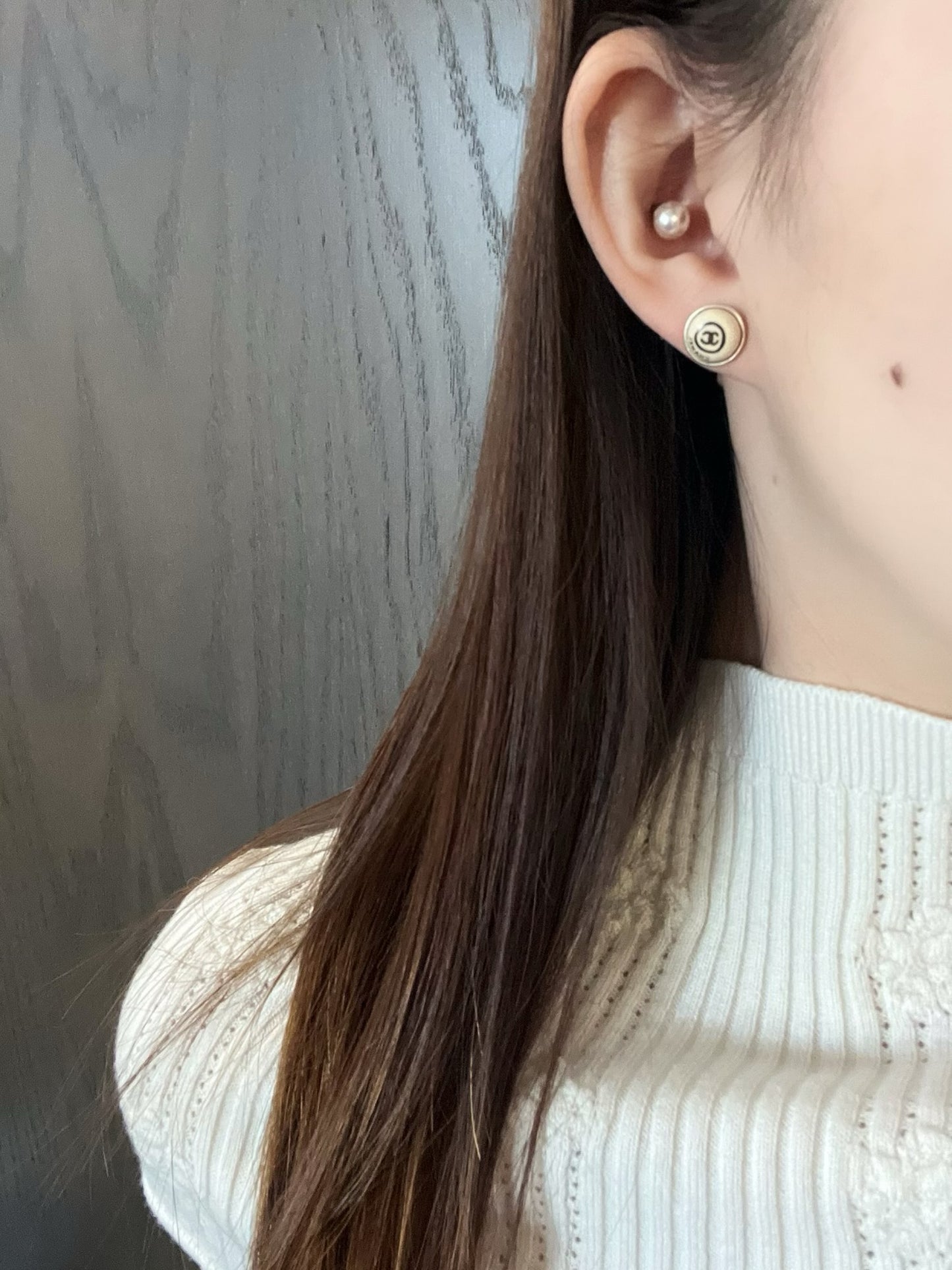 Chanel 2000 Cream White CC Sweet Bean Stud Earrings