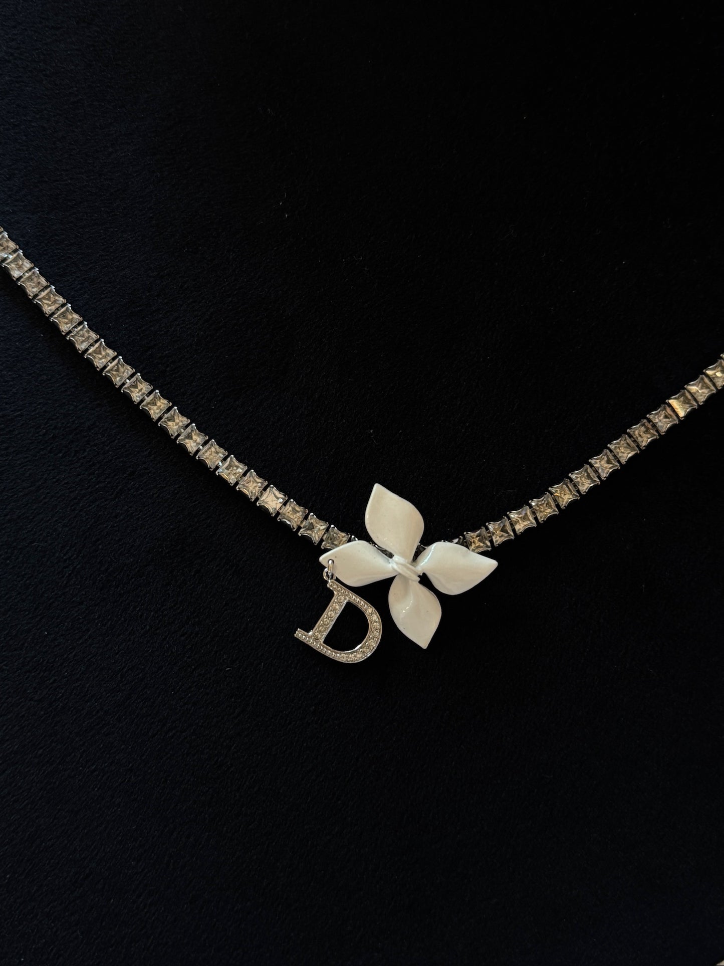 Christian Dior Vintage White Floral Charm Crystal Choker Necklace