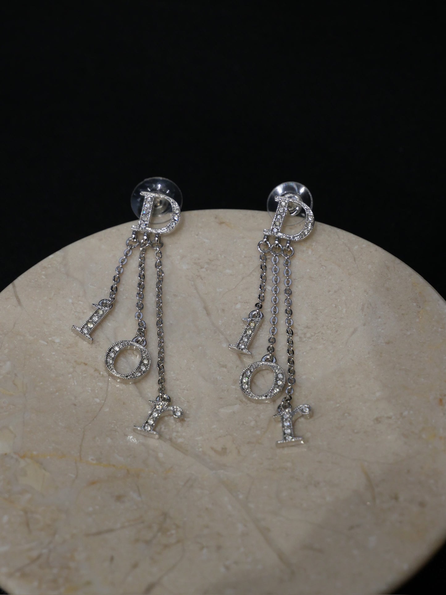 Vintage Dior Crystal Logo Drop Chain Earrings
