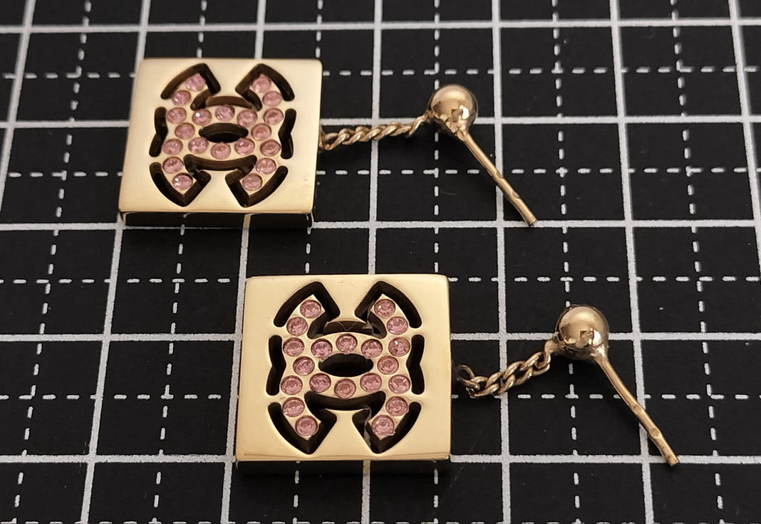 Chanel Gold-Tone Pink Crystal CC Drop Earrings