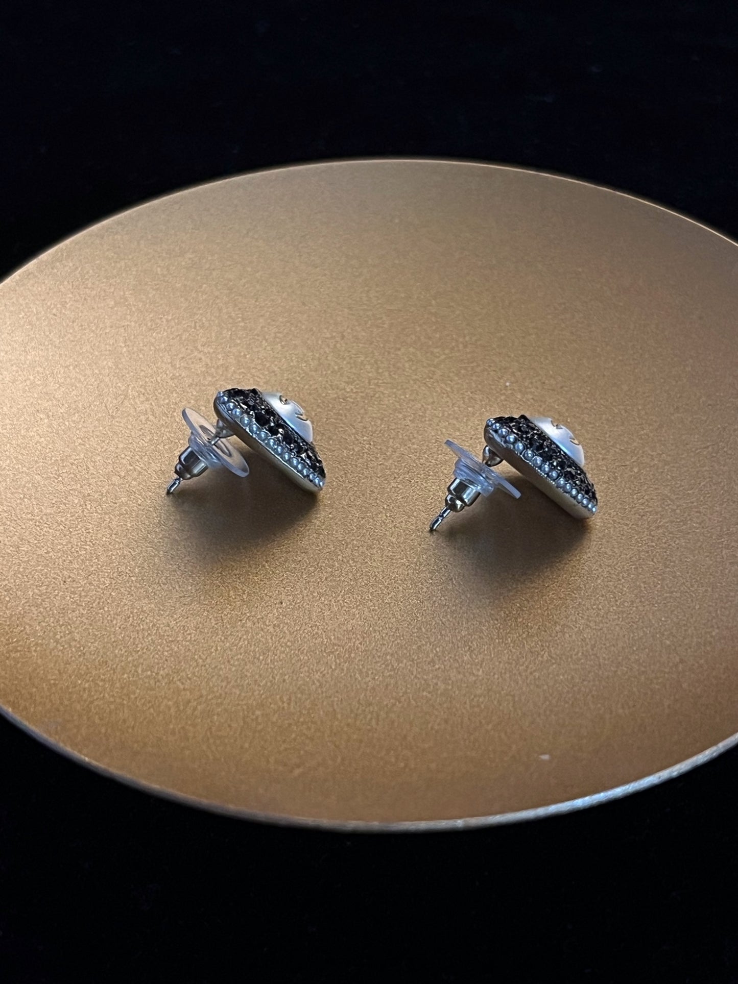 Chanel 2022 CC Black Crystal Heart Stud Earrings