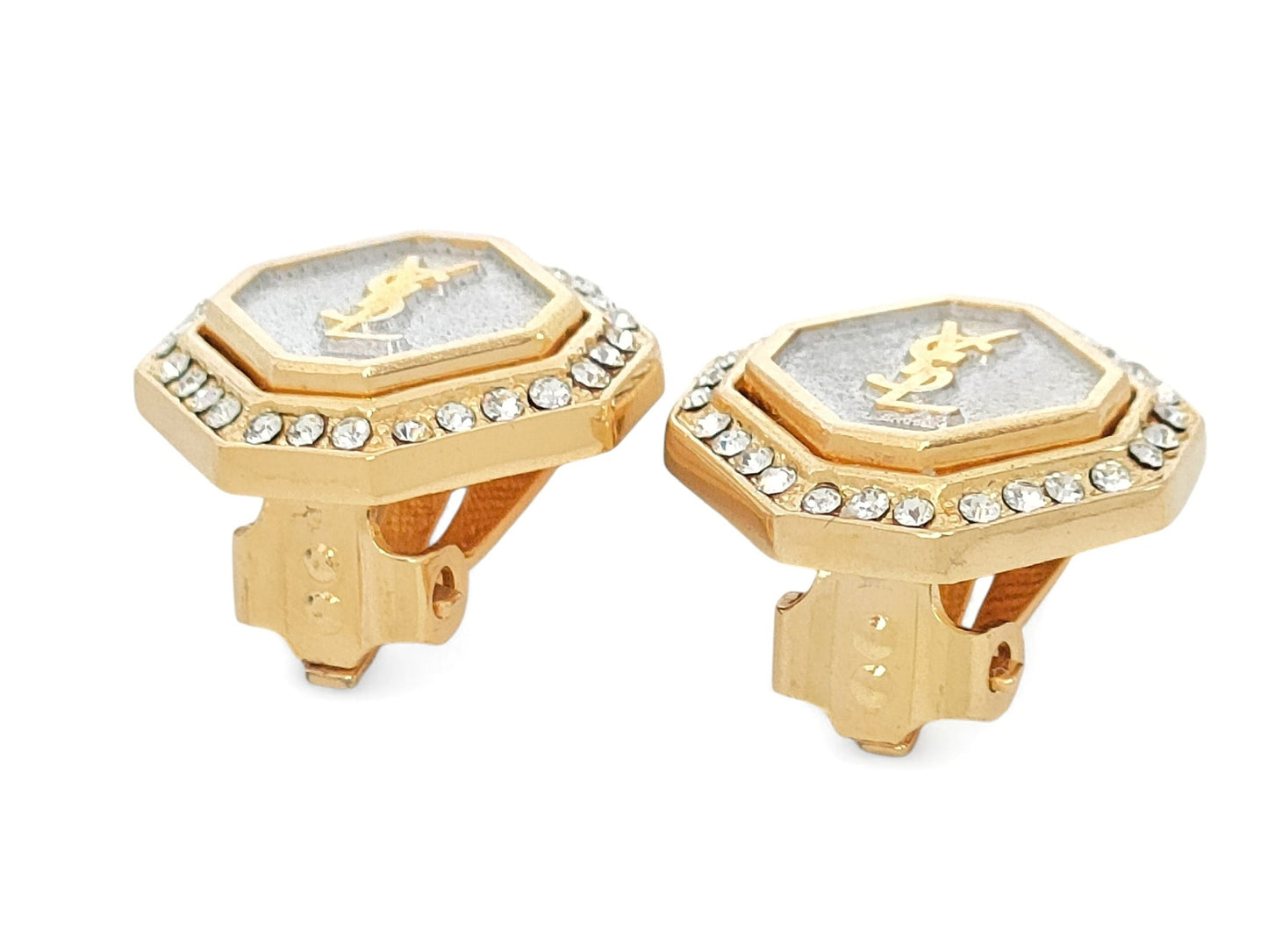 YSL Hexagon Crystal Logo Ear Clips