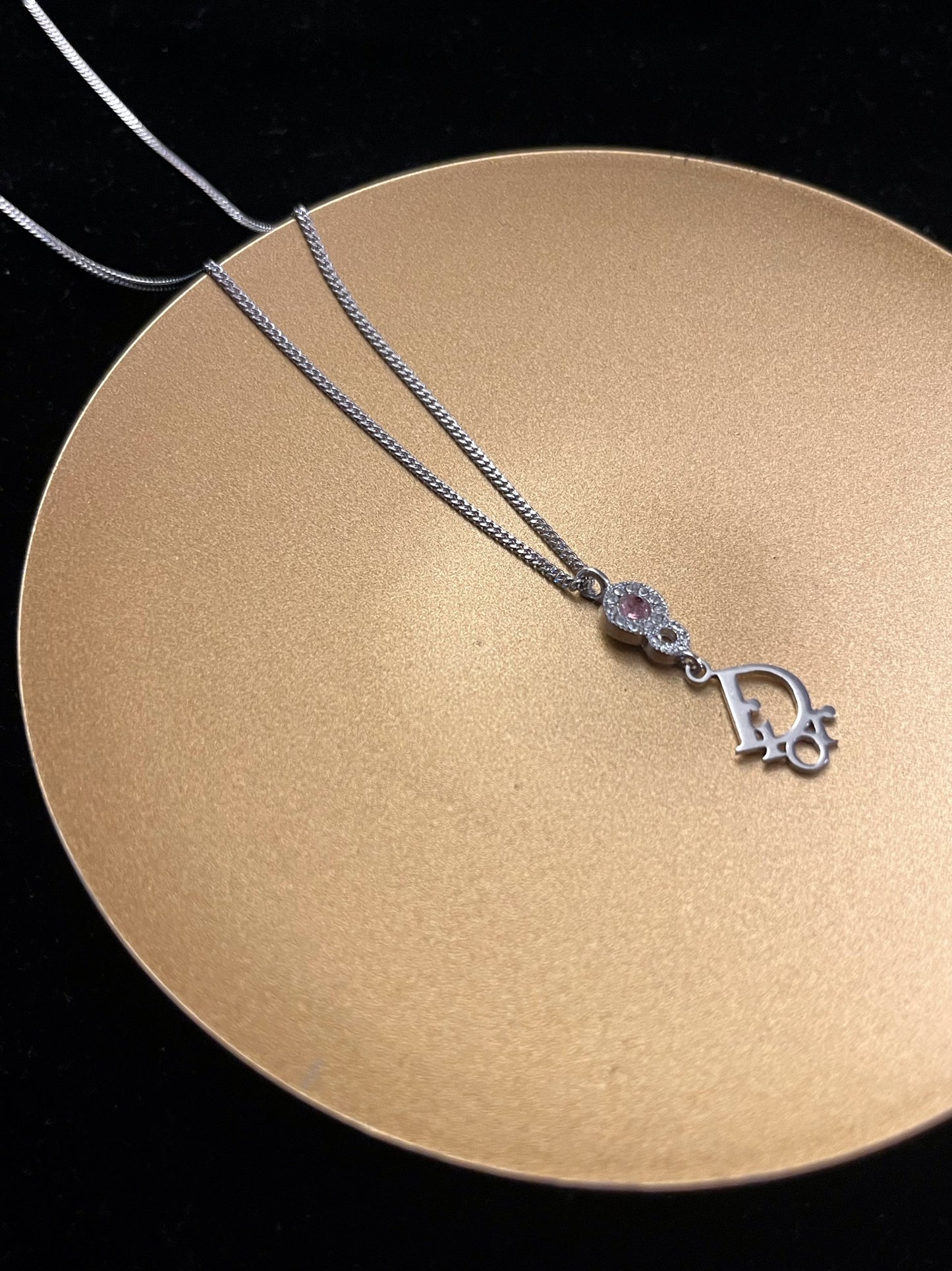 Vintage Dior Silver Logo Pendant Necklace with Pink Crystal Accent