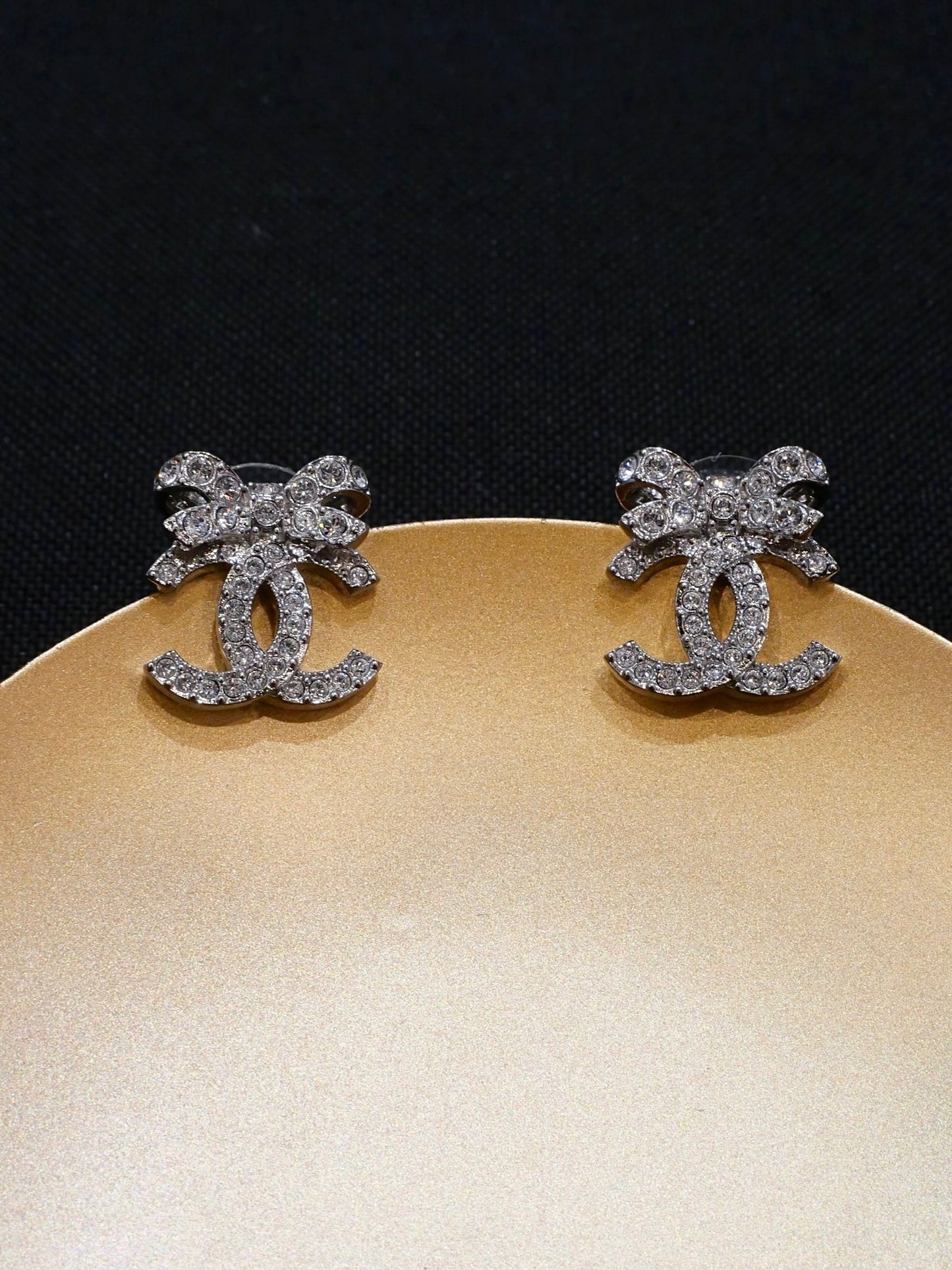 Chanel 2024 Crystal-Embellished Bow CC Stud Earrings