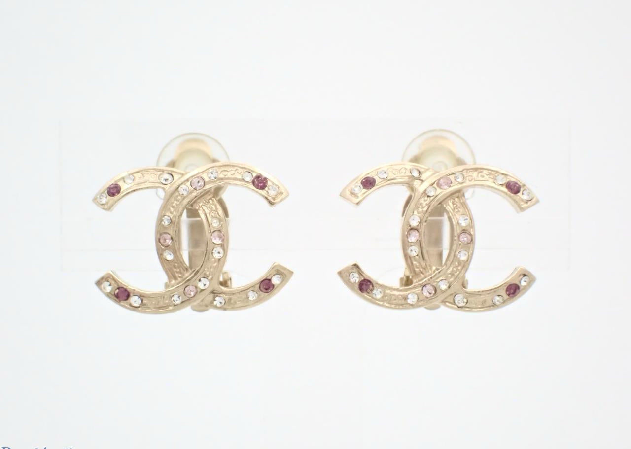 Chanel 2012 Vintage Gold-Tone Double C Pink & Royal purple Crystal Ear Clips