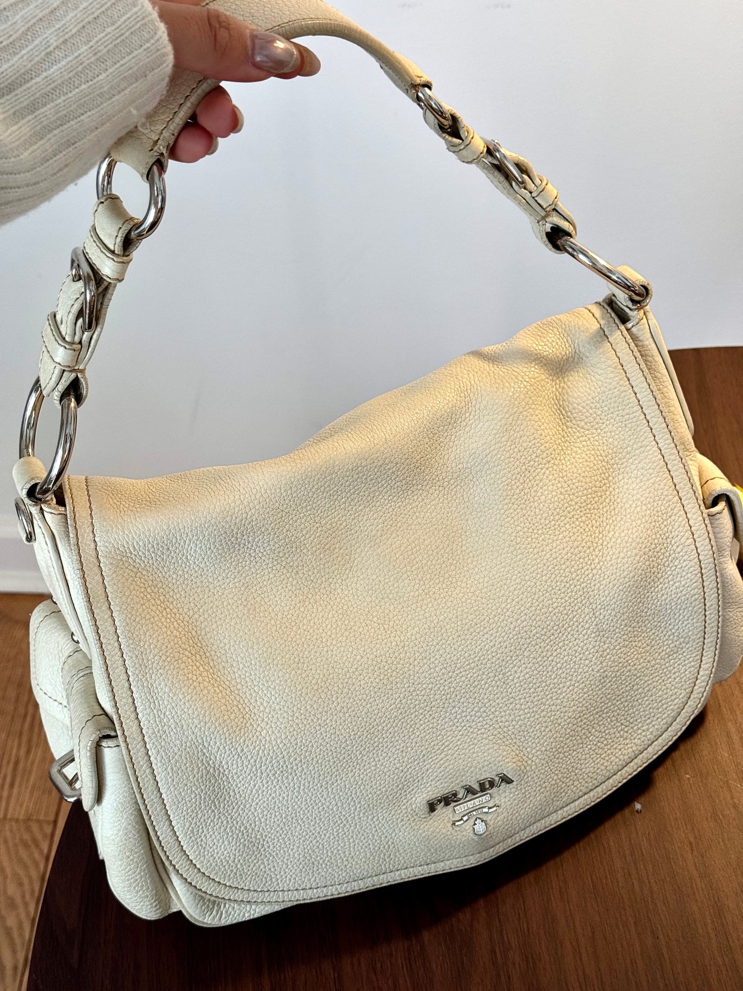 Vintage Prada Cream Pebbled Leather Shoulder Bag with Silver Hardware