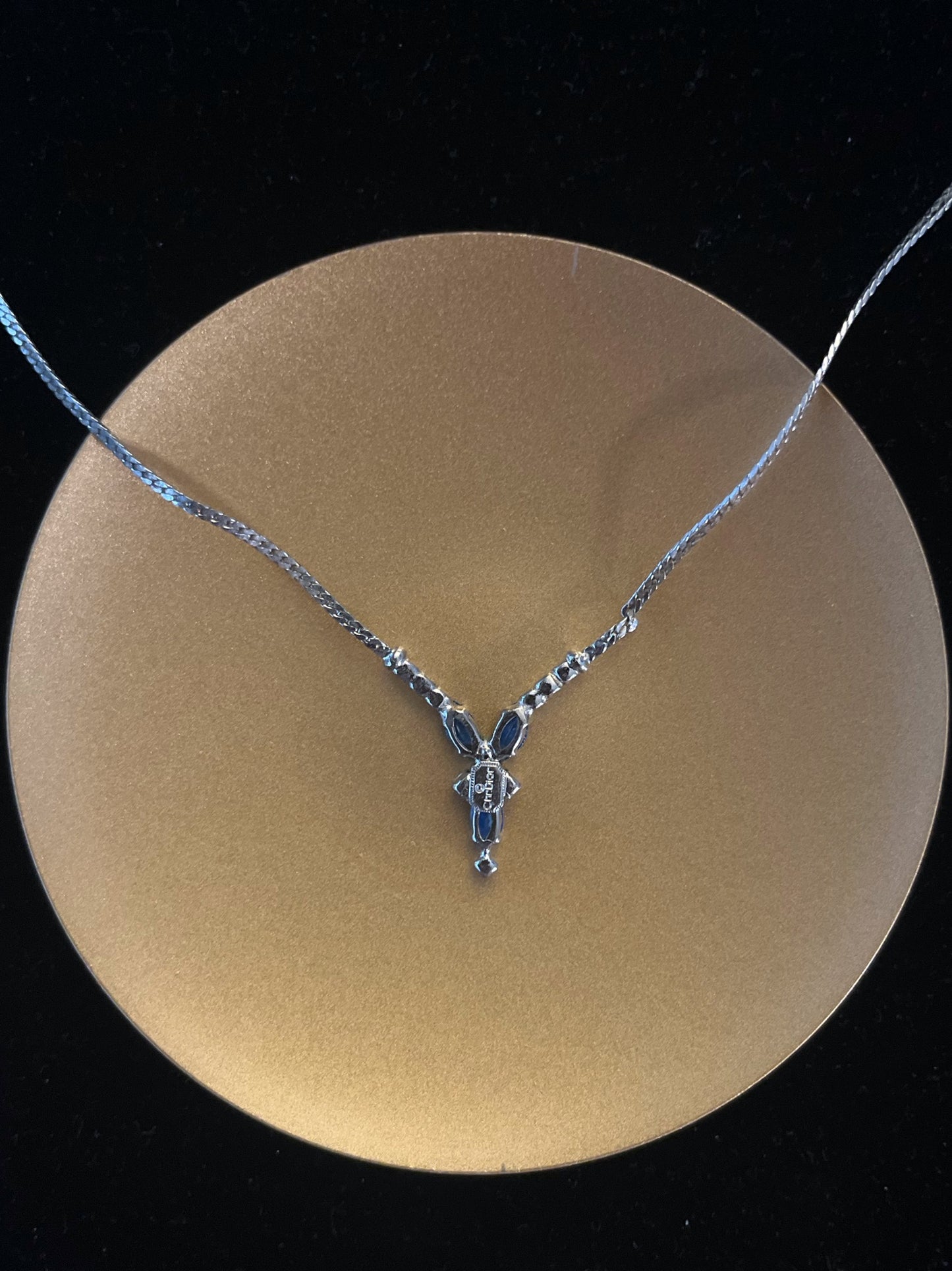 Vintage Dior Blue Crystal Drop Necklace – Silver Tone