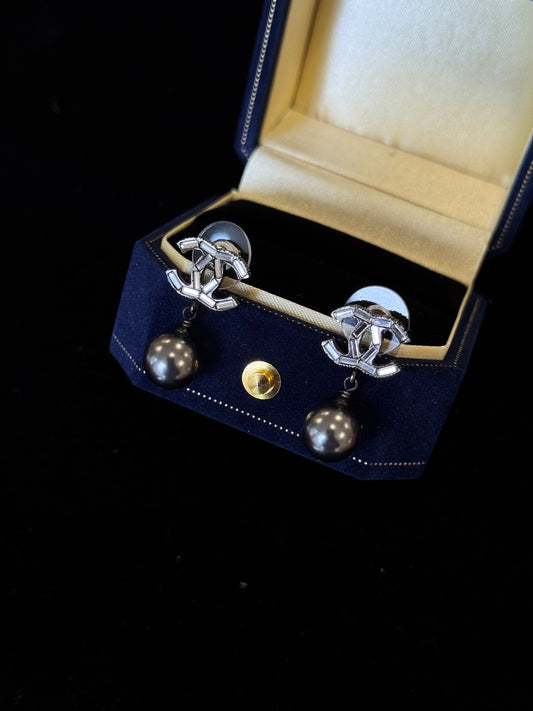Vintage Chanel Crystal CC Pearl Drop Earrings – Gunmetal Tone