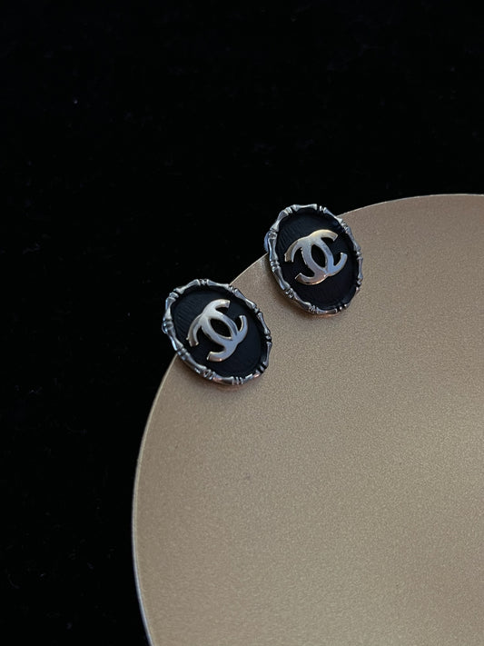 Chanel 1980s Black & Silver Shield Stud Earrings