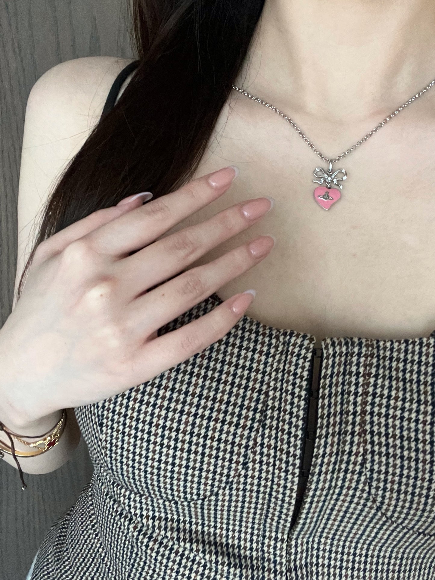 Vintage Vivienne Westwood Silver Bow Double-Sided Pink Heart Orb Necklace