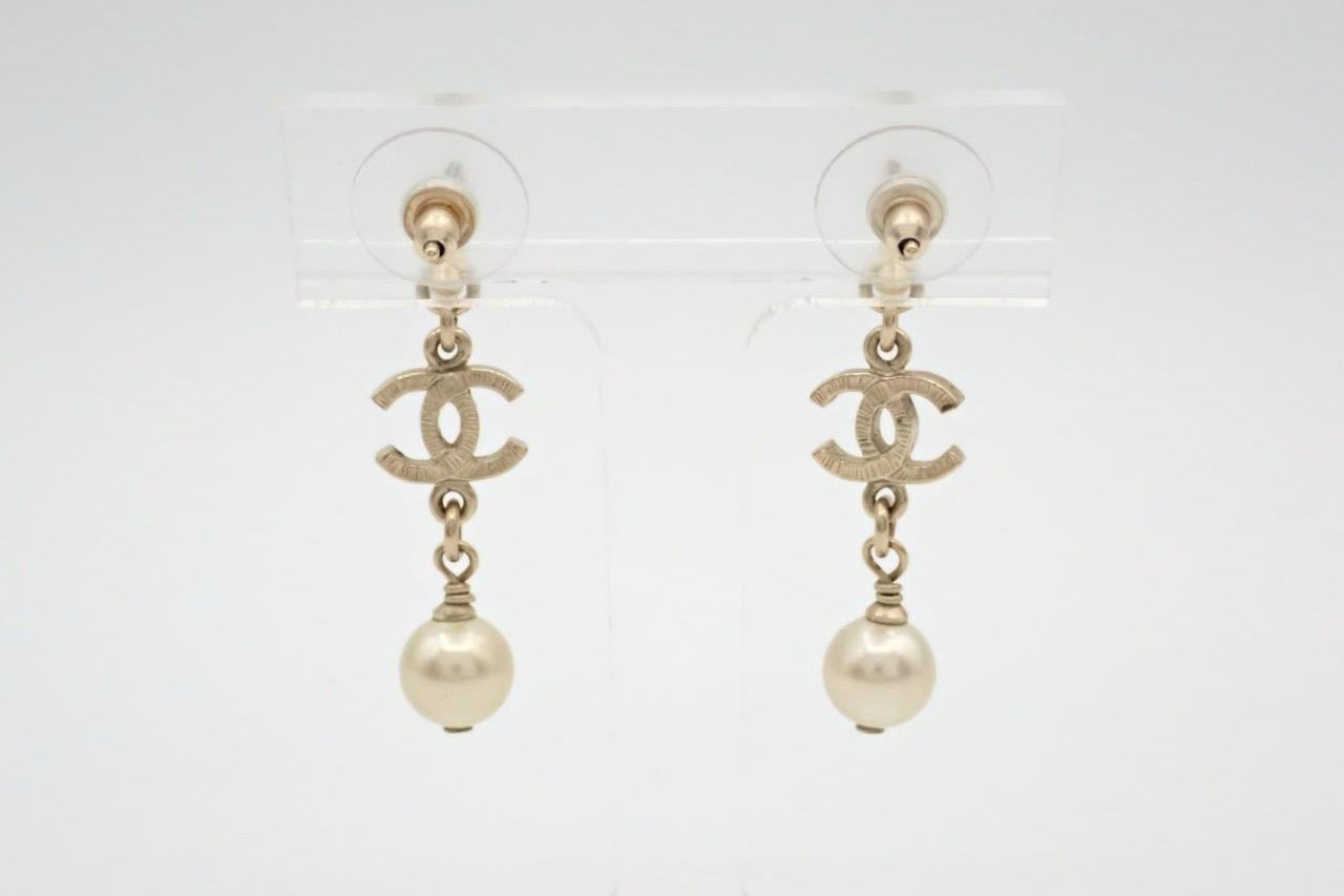Chanel Gold-Tone CC Pearl Drop Earrings