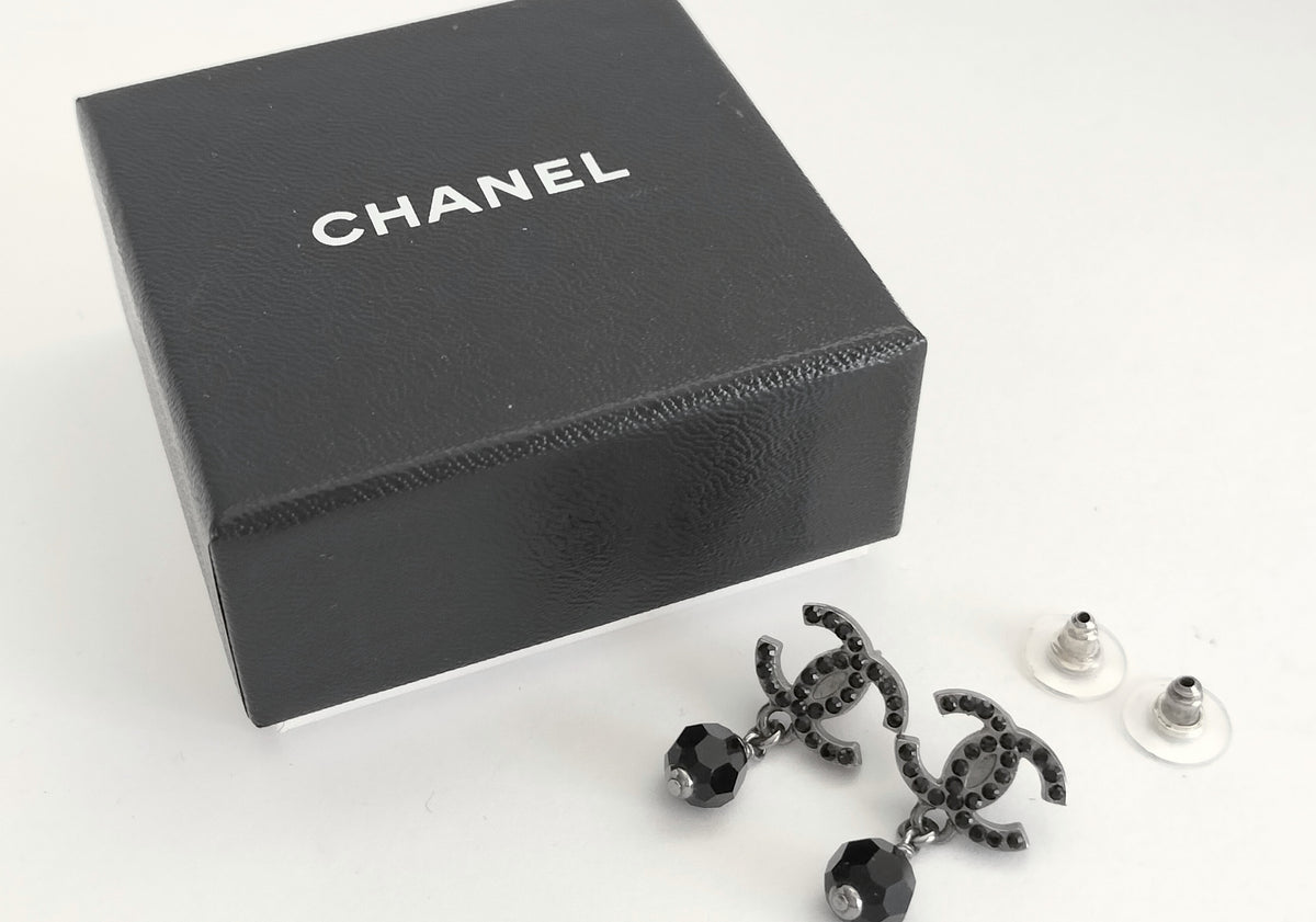 Chanel All Black Crystal CC Drop Earrings