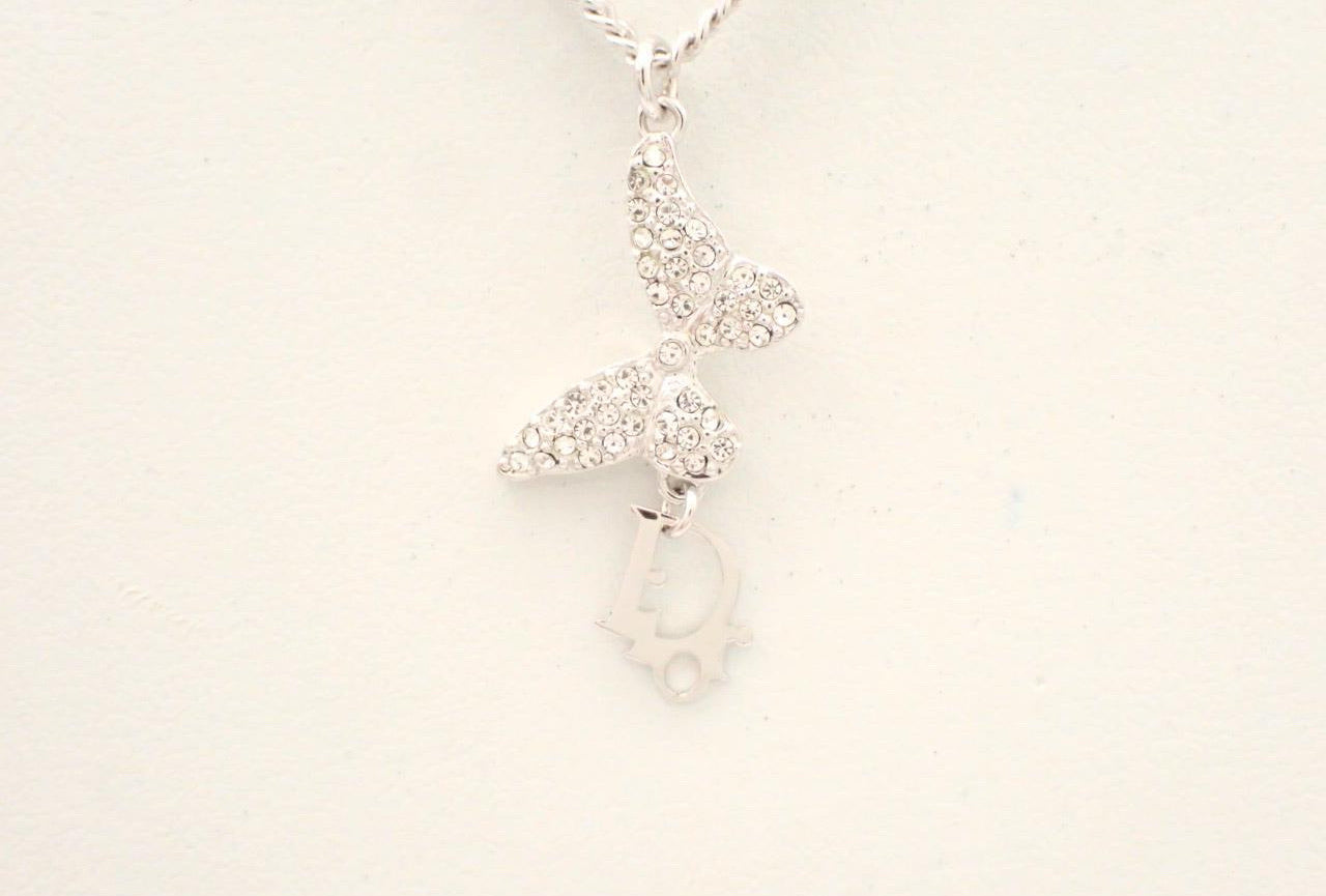 Dior Crystal Butterfly Drop Pendant Necklace (Silver Tone)
